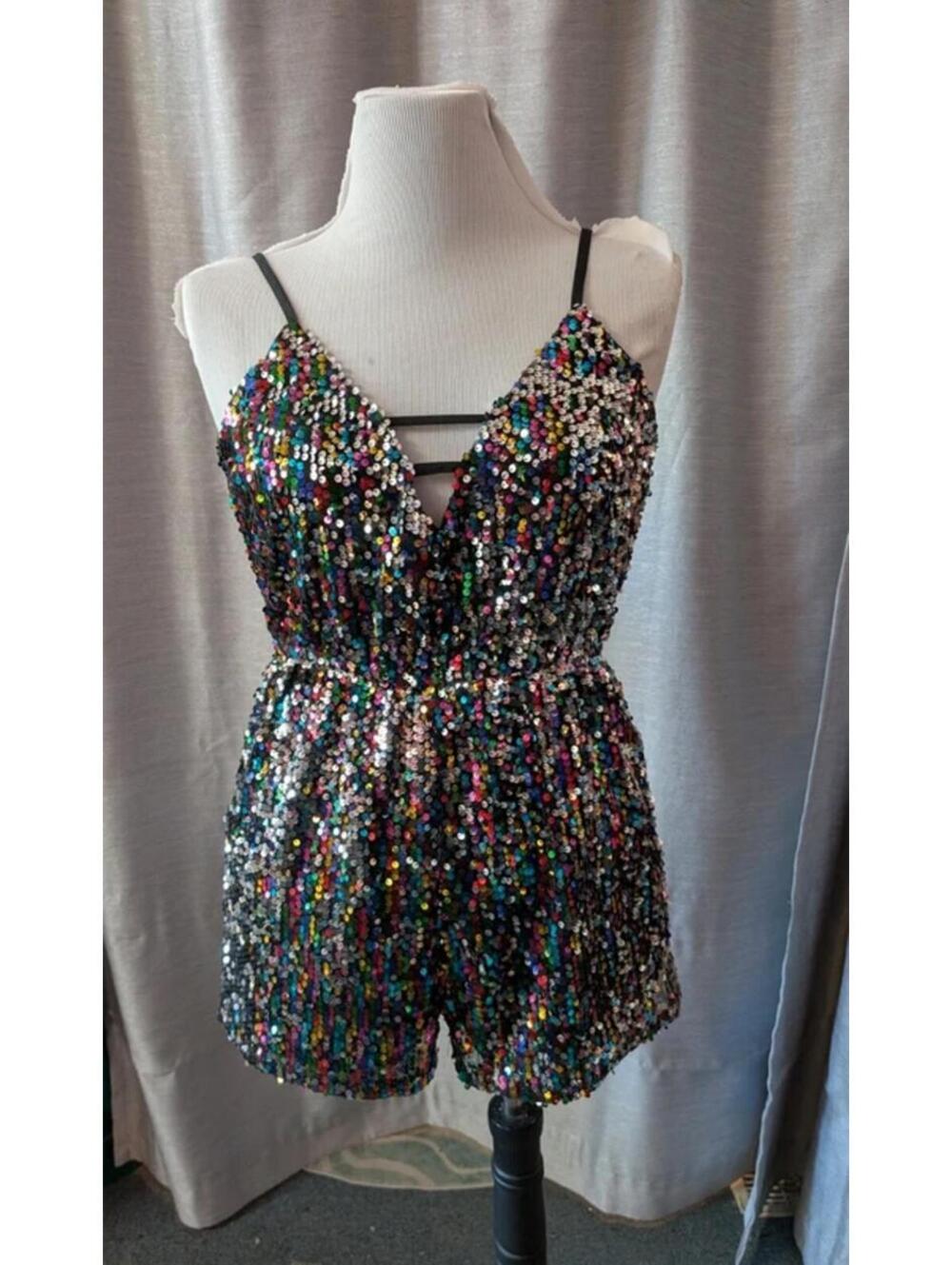 Rainbow Sequin Romper Jumpsuit Shorts M